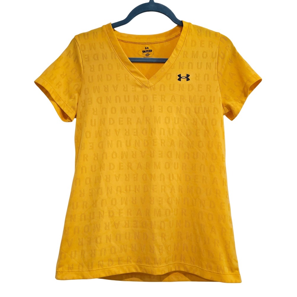 Under Armour Women's Yellow V-Neck Short Sleeve Loose Fit T-Shirt Top SM‎
